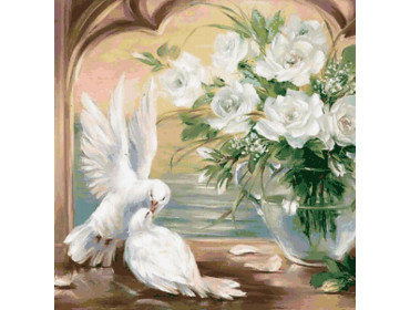 АЖ-1099 Картина стразами "Голуби у белых роз"